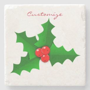 Christmas Green and red holly Thunder_Cove Stone Coaster