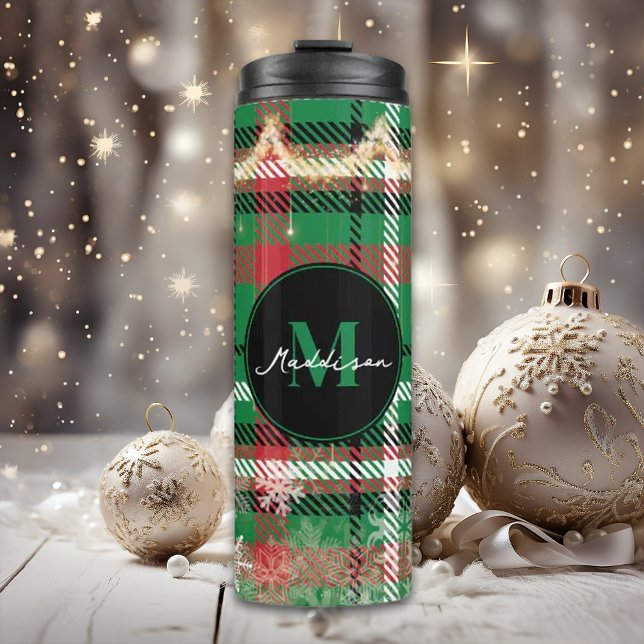 Christmas Green And Red Plaid Monogram  Thermal Tumbler (Creator Uploaded)