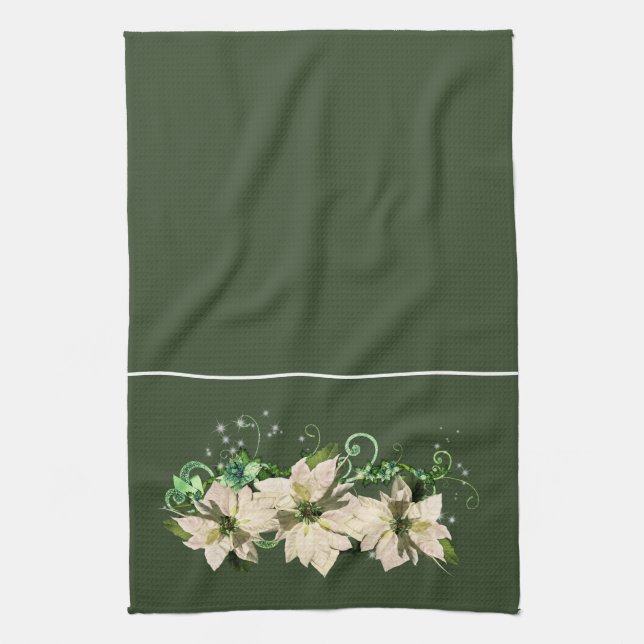 Christmas Green and White Poinsettia Kitchen Towel (Vertical)