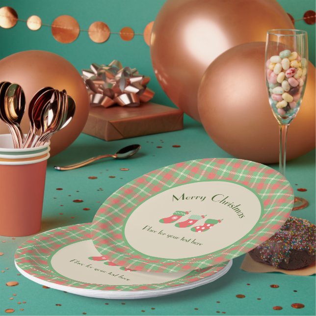 Christmas green-based Plaid Paper Plate (Multi)