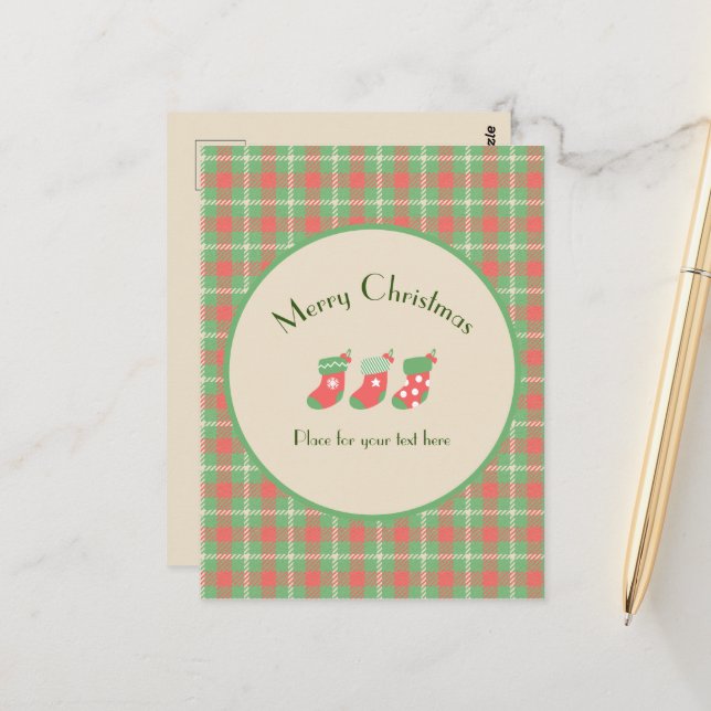 Christmas green-based Plaid Postcard (Front/Back In Situ)