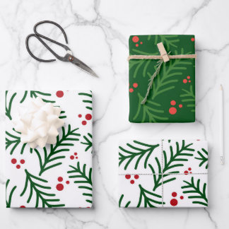 Christmas Green Berries Modern Wrapping Paper