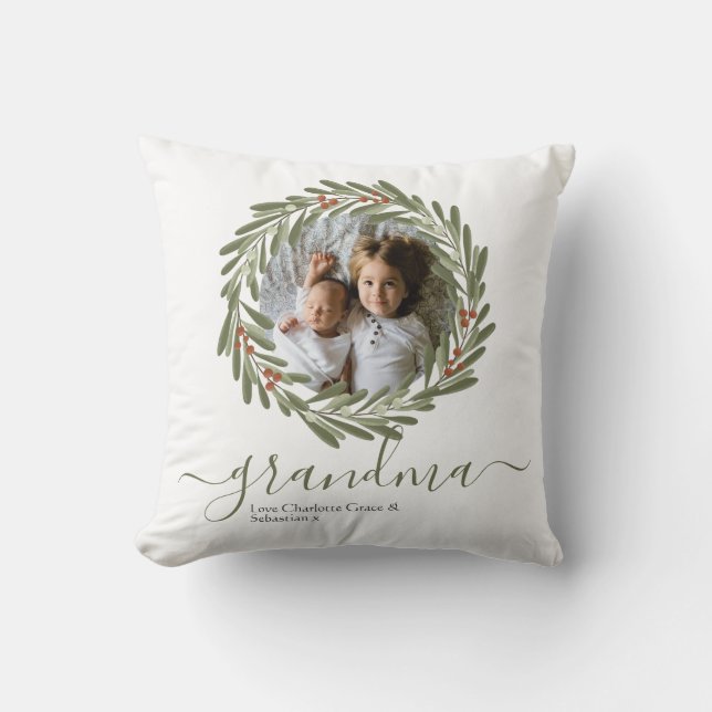 Christmas Green Berry Wreath Photo Personalised Cushion (Front)