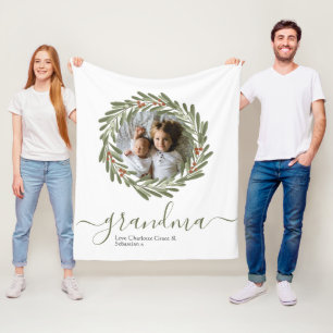 Christmas Green Berry Wreath Photo Personalised Fleece Blanket