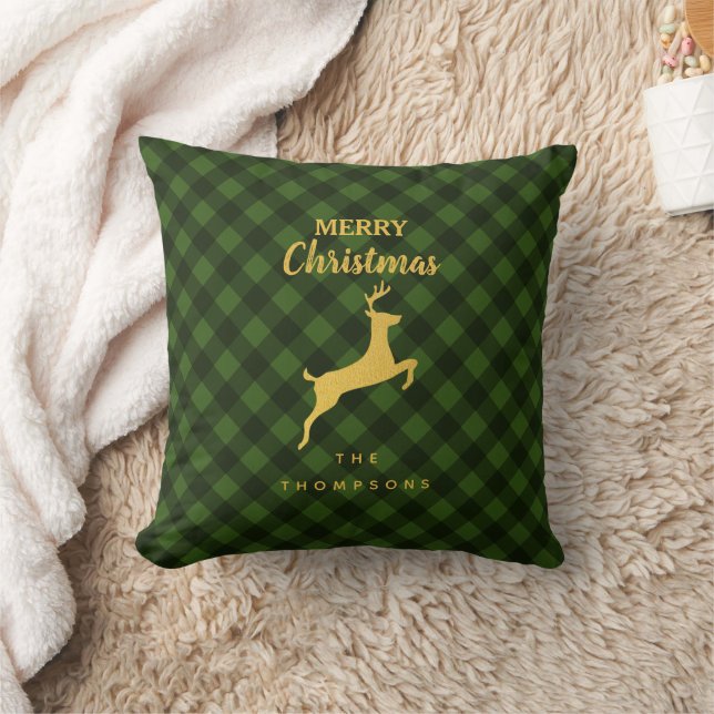 Christmas Green & Black Buffalo Plaid Deer  Cushion (Blanket)