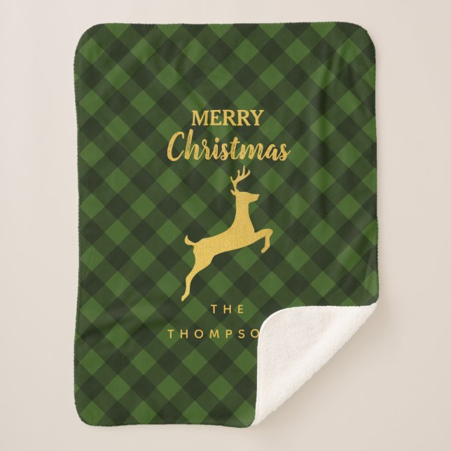 Christmas Green & Black Buffalo Plaid Deer Sherpa Blanket (Front)
