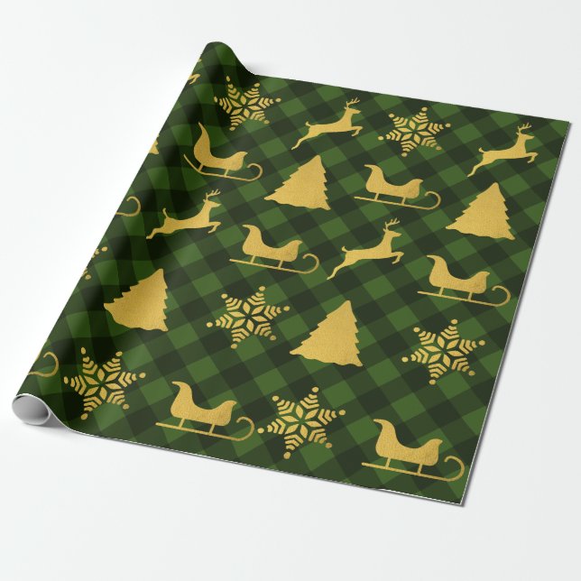 Christmas Green & Black Buffalo Plaid Gold Xmas  Wrapping Paper (Unrolled)