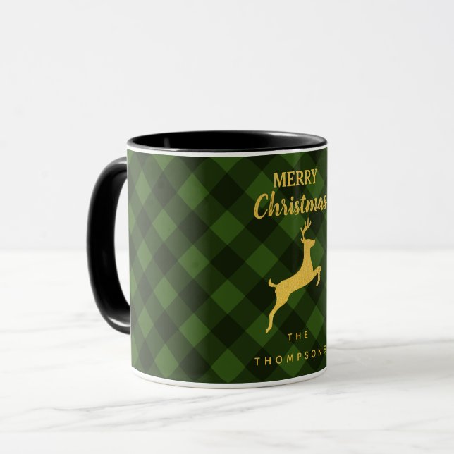 Christmas Green & Black Buffalo Plaid  Reindeer Mug (Front Left)