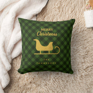 Christmas Green Black Buffalo Plaid Santa Sleigh Cushion