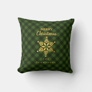 Christmas Green Black Buffalo Plaid Star Snowflake Cushion