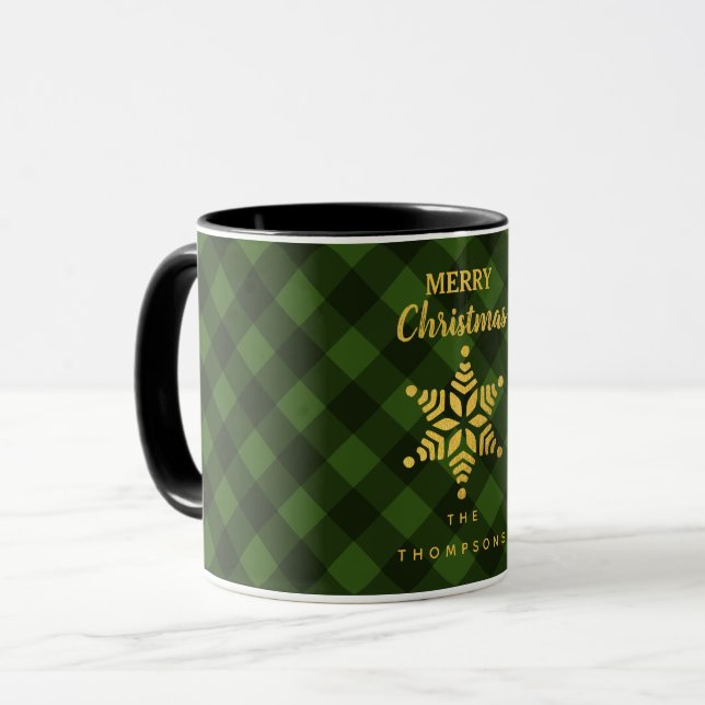 Christmas Green Black Buffalo Plaid Star Snowflake Mug (Front Left)