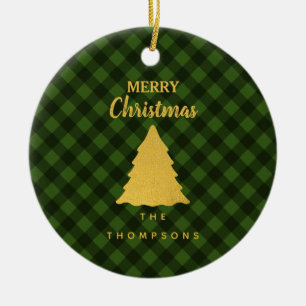 Christmas Green & Black Buffalo Plaid Xmas Tree Ceramic Ornament