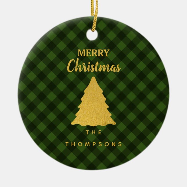 Christmas Green & Black Buffalo Plaid Xmas Tree Ceramic Ornament (Front)