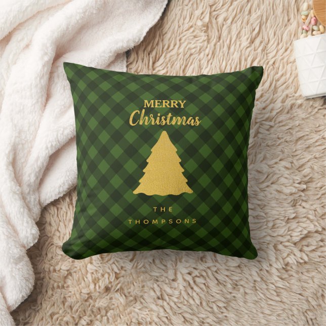 Christmas Green & Black Buffalo Plaid Xmas Tree Cushion (Blanket)