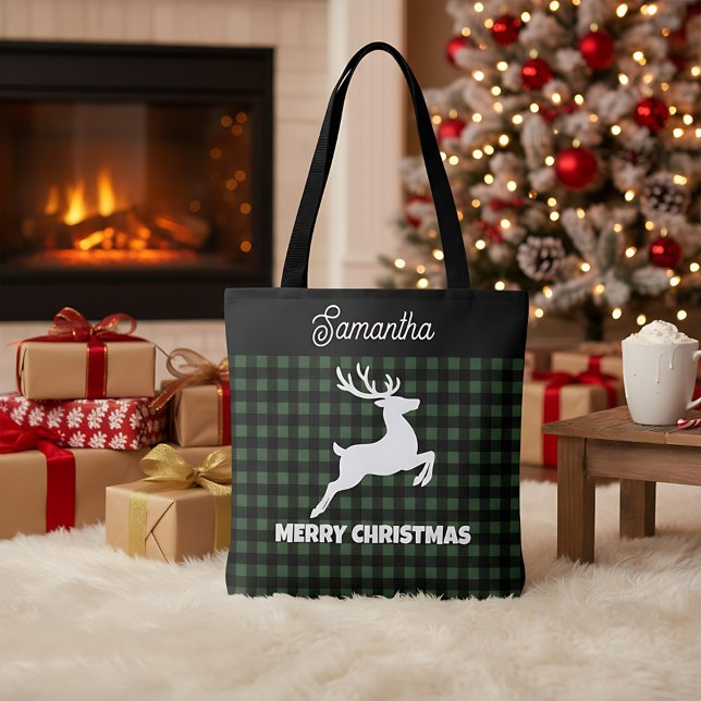 Christmas Green & Black Plaid Reindeer Custom Name Tote Bag (Creator Uploaded)