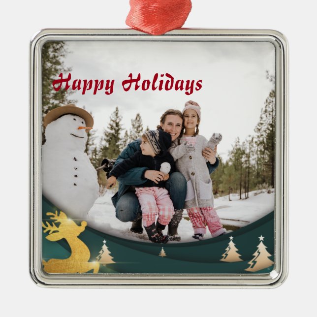 Christmas Green Border Custom Family Photo Metal Ornament (Front)
