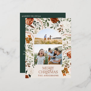 Christmas green botanical elegant stag 3 photo foil holiday postcard