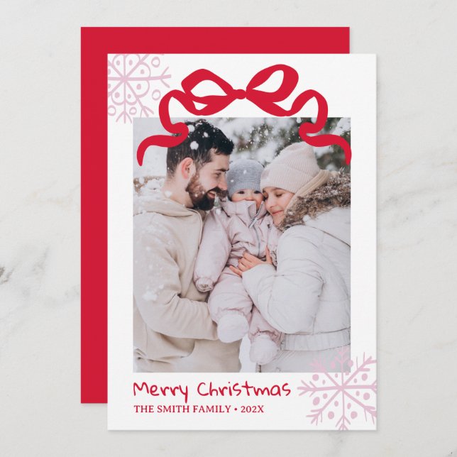 Christmas Green Bow snowflakes Photo card  (Front/Back)