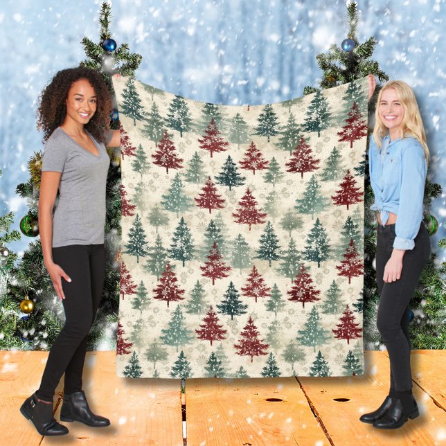 Christmas Green Burgundy Watercolor Forest Trees Fleece Blanket (Creator Uploaded)