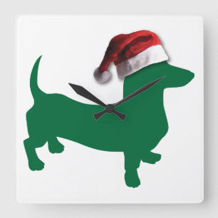 Christmas Green Dachshund Square Wall Clock