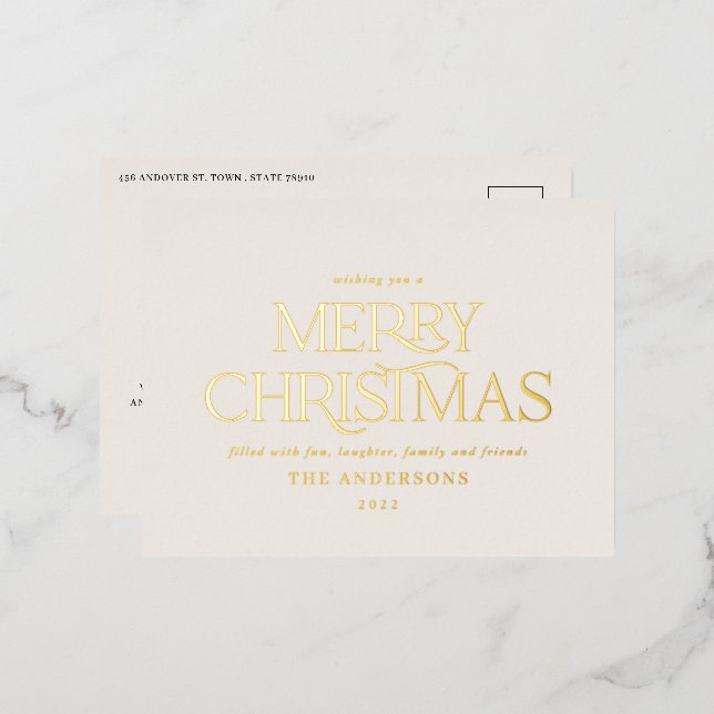 Christmas green elegant minimal modern typography foil holiday postcard (Front/Back)