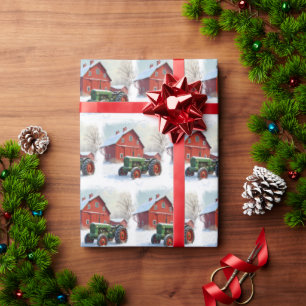 Christmas Green Farm Tractor and Red Barn Wrapping Paper