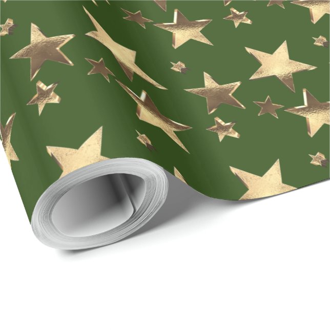 Christmas Green Faux Gold Stars Pattern Wrapping Paper (Roll Corner)