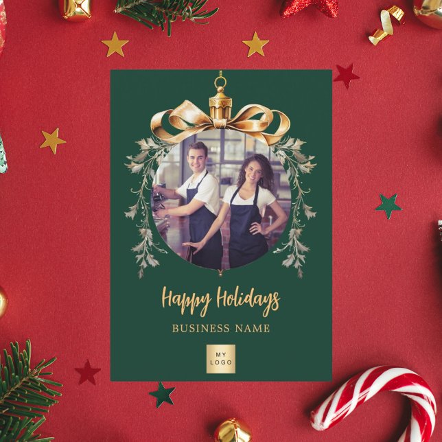 Christmas green gold bauble business photo logo holiday postcard (Creator Uploaded)