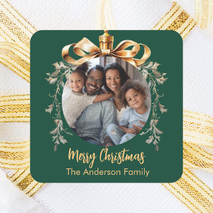 Christmas green gold bauble family photo square sticker