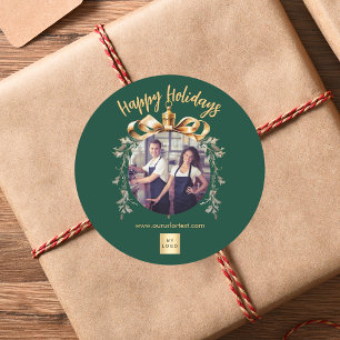 Christmas green gold bauble team photo logo classic round sticker