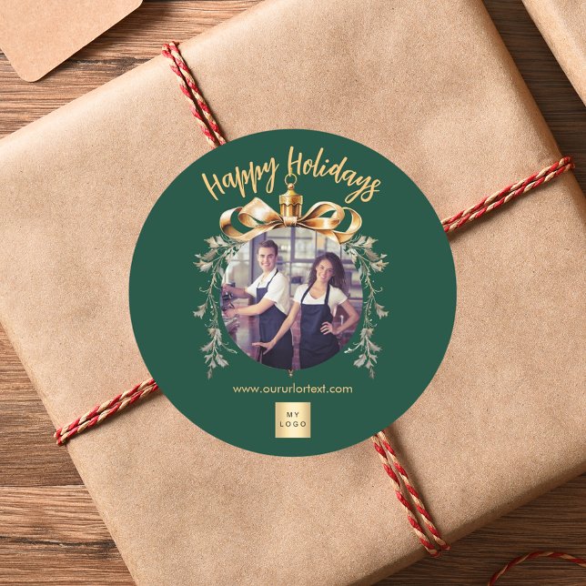 Christmas green gold bauble team photo logo classic round sticker (Creator Uploaded)
