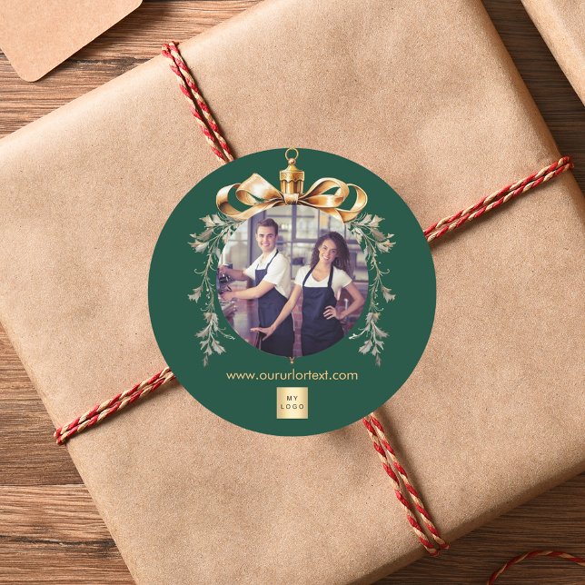 Christmas green gold bauble team photo logo classic round sticker (Creator Uploaded)