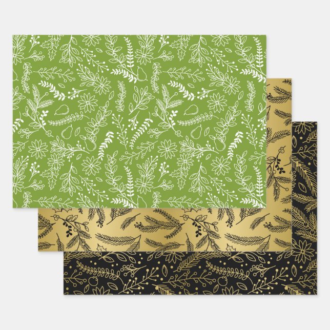 Christmas Green Gold Black Winter Botanical Wrapping Paper Sheet (Set)