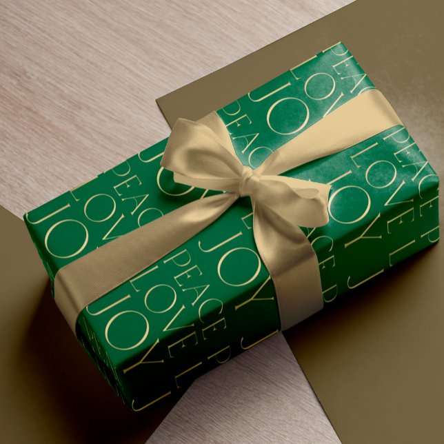 Christmas green gold typography Peace Love Joy Wrapping Paper (Creator Uploaded)