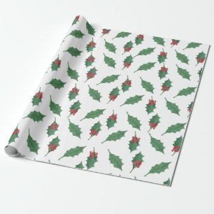 Christmas Green Holly Red Berries On White Wrapping Paper
