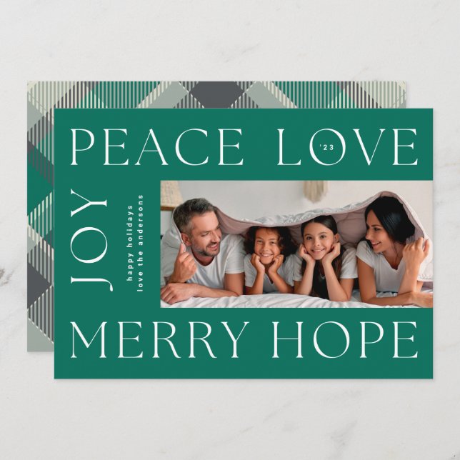 Christmas Green Letters MERRY JOY PEACE LOVE photo Holiday Card (Front/Back)