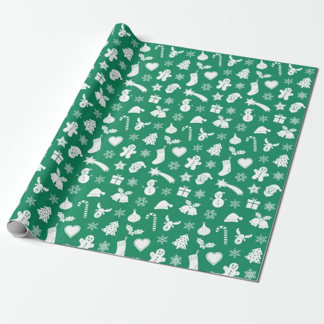 Christmas green pattern blue background wrapping paper (Unrolled)