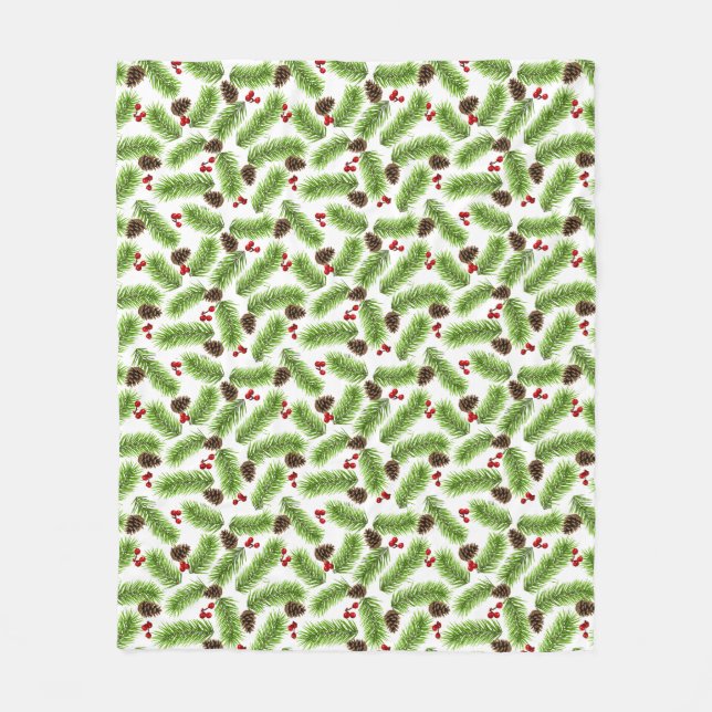Christmas Green Pine Leaves, Cones & Red Berries Fleece Blanket (Front)