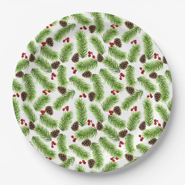Christmas Green Pine Leaves, Cones & Red Berries Paper Plate (Front)