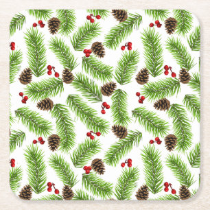 Christmas Green Pine Leaves, Cones & Red Berries Square Paper Coaster