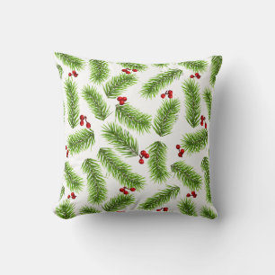 Christmas Green Pine Leaves & Red Berries on White Cushion