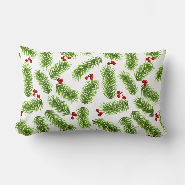Christmas Green Pine Leaves & Red Berries on White Lumbar Cushion (Front)