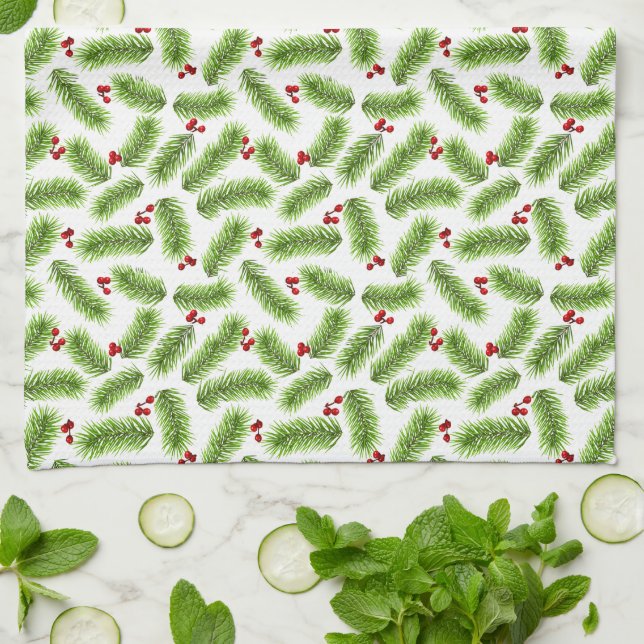 Christmas Green Pine Leaves & Red Berries on White Tea Towel (Folded)