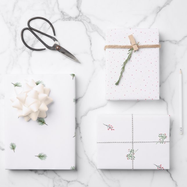 Christmas Green Pine Red Berry Pattern Wrapping Paper Sheet (Front)