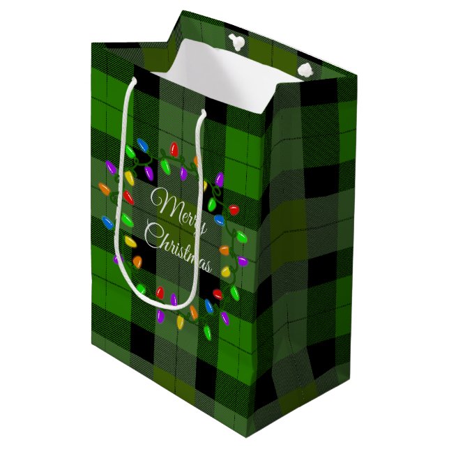 Christmas Green Plaid And Lights Wreath  Medium Gift Bag (Front Angled)