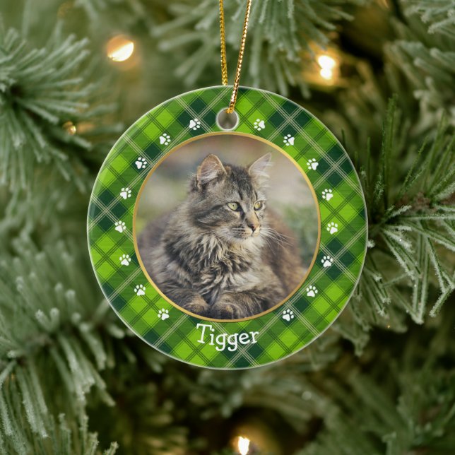 Christmas Green Plaid  Cat Photo Frame & Name Ceramic Ornament (Tree)
