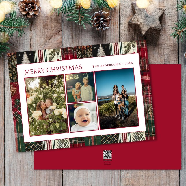 Christmas Green Plaid Family Four Photo Collage Holiday Card (Creator Uploaded)