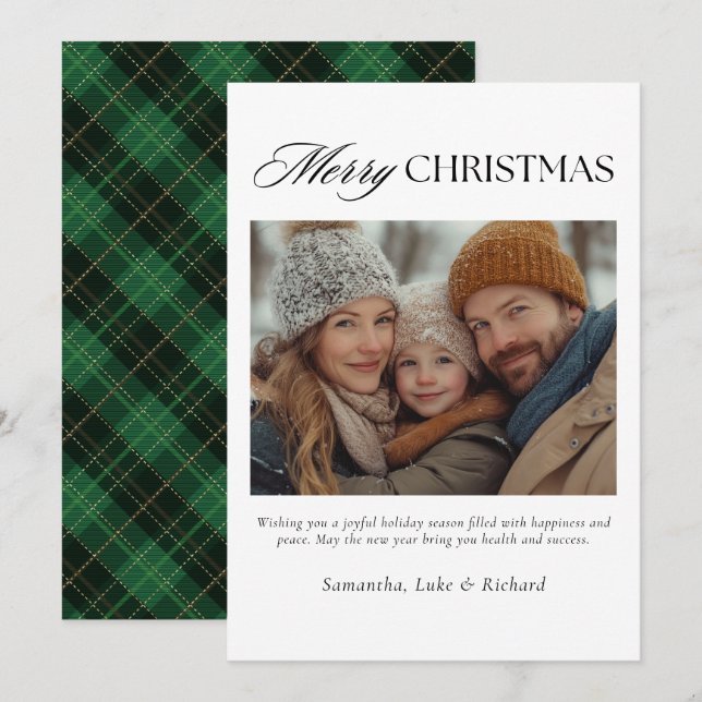 Christmas Green Plaid Family Photo Holiday Card (Front/Back)