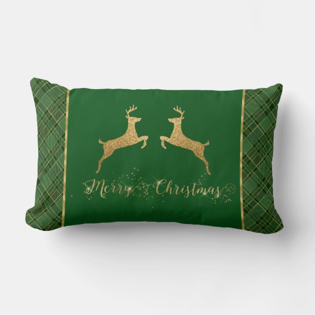 Christmas Green Plaid Gold Foil Deer Lumbar Cushion (Front)
