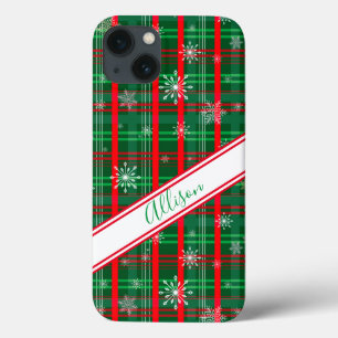 Christmas Green Plaid Personalised Script Name iPhone 13 Case